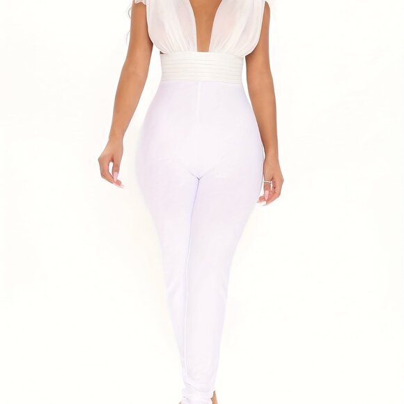 Glamorous Stretch White Jumpsuit Deep V Neck Bodysuit W/ Oversized Tulle Flower - Picture 6 of 7